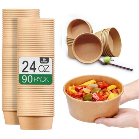 TOPtoper 24 Oz Large Paper Bowls【No lids】 90 Pack Disposable Soup Bowls Plastic Free Party Supplies for Hot/Cold Food, Soup (24 OZ) Cover