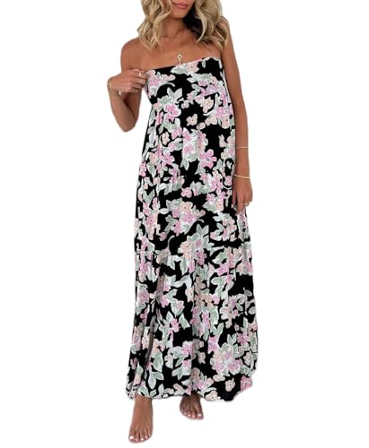 Image of Women Floral Print Maxi Tube Dress Strapless Flowy Long Bandeau Dress Y2K Open Back Sundress Summer Beachwear