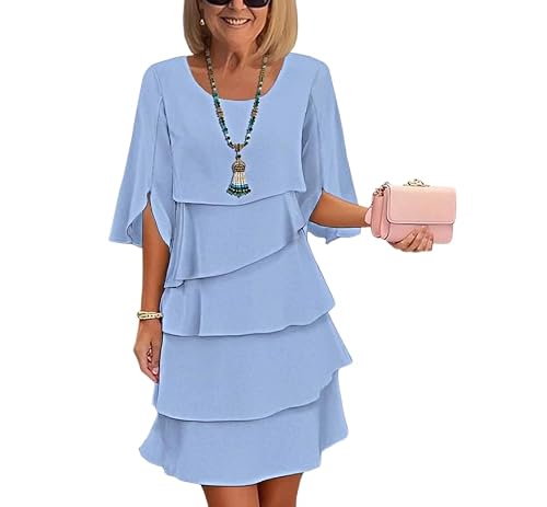 Epanus Women's Blue Layered Ruffle Chiffon Mini Dress Flare Sleeve Round Neck Flowy Dress for Cocktail, Wedding Guest & Party