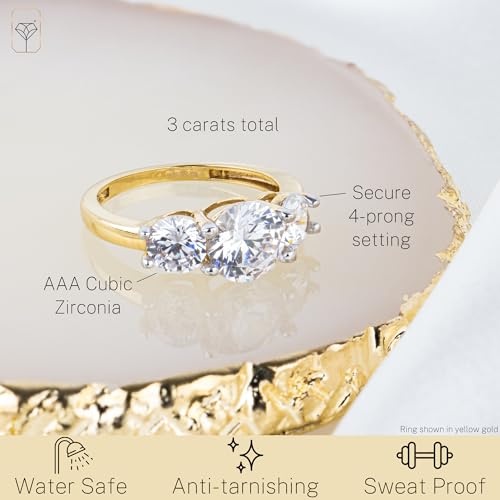 MAX + STONE 3 Carat Cubic Zirconia Anniversary or Engagement Ring for Women in 14k Solid White or Yellow Gold Three Stone CZ in Size 5 to 93