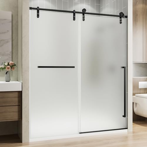 56-60" W x 75" H Glass Shower Door, Frosted Shower Single Sliding Door with 5/16" (8mm) SGCC Tempered Glass, Nano Coating, Stainless Steel Top Track, Matte Black