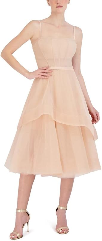 BCBGMAXAZRIA Womens Short Midi Evening Dress Fit and Flare Adjustable Spaghetti Straps Tiered Skirt Corset Bodice Dresses
