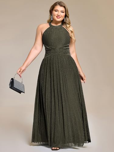 Image of Ever-Pretty Plus Women's Floor Length A-Line Halter Sleeveless Pleated Glitter Plus Size Formal Dress Evening Gown