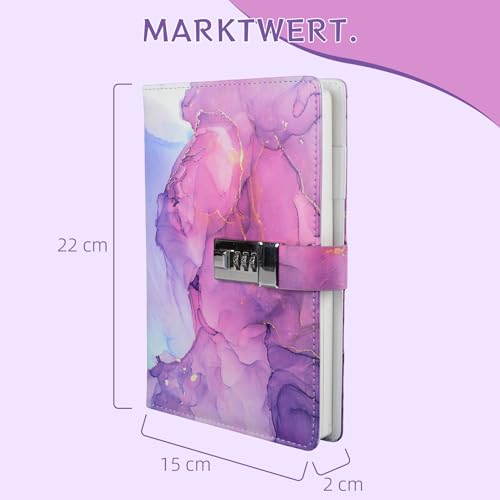 Aegistus Marmor-Tagebuch mit Schloss, nachfüllbares A5-Tagebuch für Mädchen und Frauen, 90 Seiten, süßes Notizbuch mit Zahlenschloss für Teenager-und -Jungen, Mädchen-mit Schloss, Lila