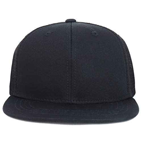 Youth Stylish Flat Bill Structured Mesh Back Snapback Trucker Cap - Black Black #TOP1