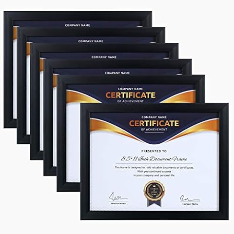 ELSKER&HOME 8.5x11 Picture Frame - Certificate Document Frame 6 Pack with Semi-Tempered Glass - Black Sturdy Wood Composite Award Diploma Frame - Includes Hanging Hardware and Desktop Easel Cover