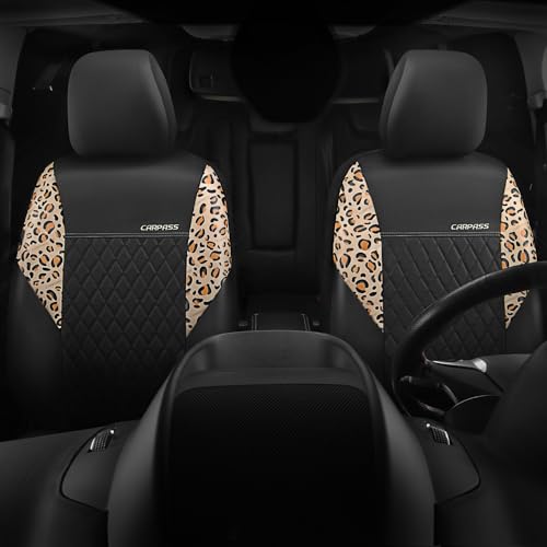 Image of CAR PASS Leather Leopard Two Front Seat Cover Only, Universal Quilting Waterproof Deluxe PU Premium Vinyl Luxury Car Seat Cover Airbag Compatible for Most Sedan,SUV,Truck(Two Front, Brown Leopard)
