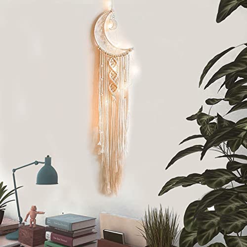 Moon Dream Catcher Handmade For Home Decor, Handmade Macrame Wall Hanging,Bohemian Bedroom Decoration Gifts For Teenage Girls,Moon Dream Catcher With Led Light. #TOP23