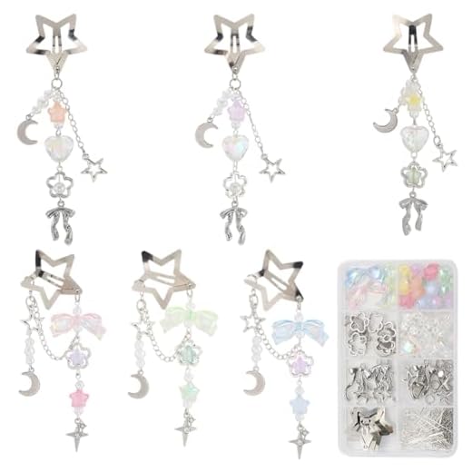 SUNNYCLUE 1 caixa faça você mesmo 6 conjuntos de clipes de cabelo com borlas de estrela kit de grampos de cabelo pacote de grampos de cabelo estrelas lua laço bonito grampos de cabelo com borlas de
