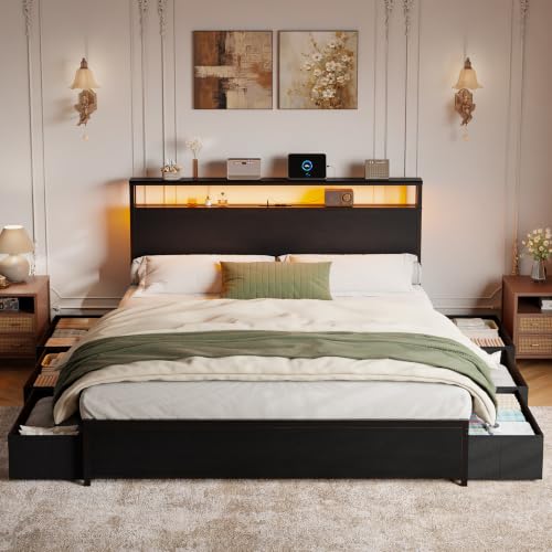 Image of Forestell Queen Bed Frame with 2-Tier Storage Headboard & 6 Drawers