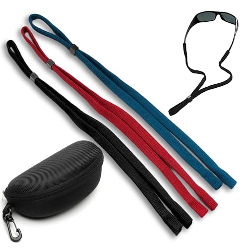 Pack 3 Correas + Funda para Gafas, Cordón Gafas, Sujeta Gafas, Cordon Gafas Hombre, Cadena Gafas, Cordones para Gafas, Cuerda Gafas, Correas para Gafas Ajustable Antideslizante + Funda semirígida