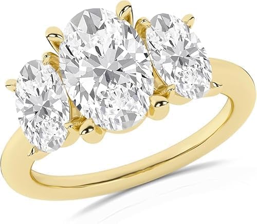 Three Stone Oval Cut Lab Created Diamond Engagement Ring, 4.00 Carat, 14K Yellow Gold Finish, Fine Jewelry