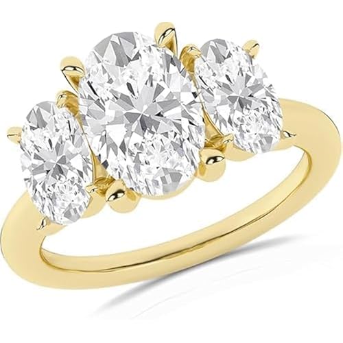 Three Stone Oval Cut Lab Created Diamond Engagement Ring, 4.00 Carat, 14K Yellow Gold Finish, Fine Jewelry