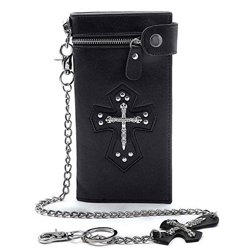 vogueteen Mens Gothic Skull Cross Leather Biker Punk Wallet with a Metal Long Chain Black