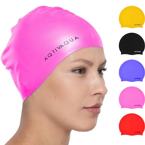 AqtivAqua Boné de piscina para mulher e homem, gorro de natação de silicone 100% impermeável, adequado para crianças e adolescentes, gorro de banho elástico para manter o cabelo seco (rosa)