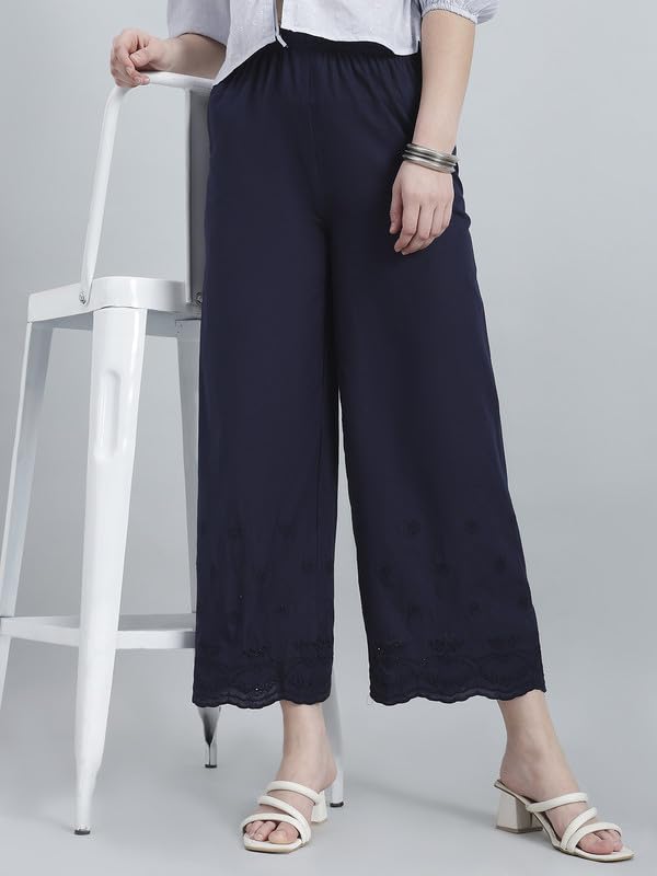 Image of GO COLORS Women Cotton Hakoba Wide Pant Ankle Length, Floral Embroidery, Relaxed Fit, Mid-Rise with Side Pocket