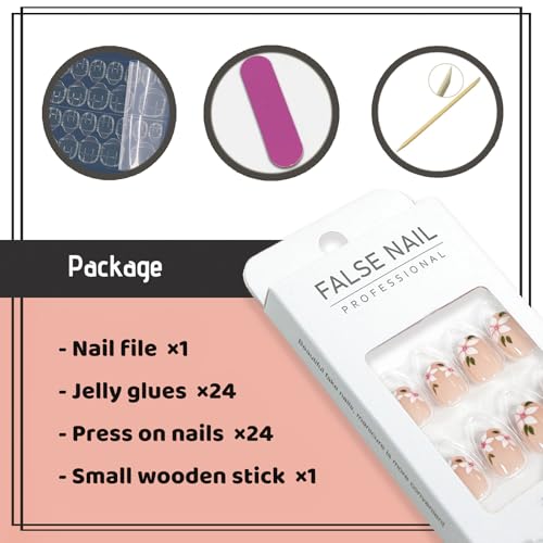 YOSOMMK Short Fake Nails Almond Shaped Press on Nails with Flower Designs Nude Pink Glue on False Nail Cute Glossy Stick on Acrylic Nail for Women and Girls — view 5