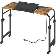 YATINEY Overbed Table with Wheels and Height Adjustable, Recliner Table with Charging Station, Over the Bed Desk for Bed, Sofa, Office, Rustic Brown and Black SF05UBR