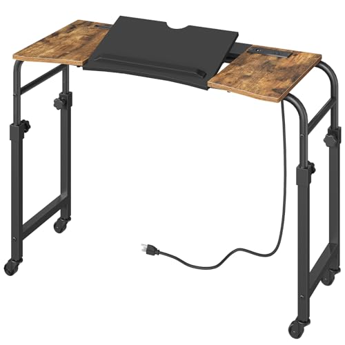 YATINEY Overbed Table with Wheels and Height Adjustable Recliner Table with Charging Station Over the Bed Desk for Bed Sofa Office Rustic Brown and Black SF05UBR