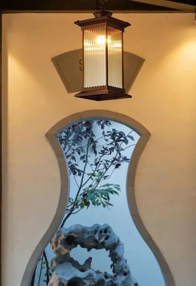 Image of Outdoor Wall Lantern Light, Brown Finish, Ribbed Glass Shade and Black Hanging & Gate Light (Half Wall, 1) (Hanging LAMP, 1)