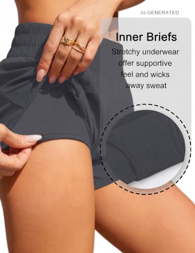 Image of BMJL Women's Athletic Shorts Running Workout Shorts Gym High Waisted Summer Short with Waistband Pocket | built-in liner,thick elastic waistband,split side,comfy fabric,zipper pocket,longer back,workout,athletic,curved back line