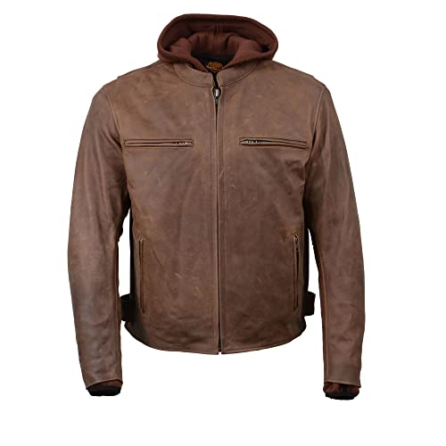 Image of Milwaukee Leather MLM1518 Men's 'Scoundrel' Vintage Crazy Horse Brown Leather Jacket w /Removable Hoodie