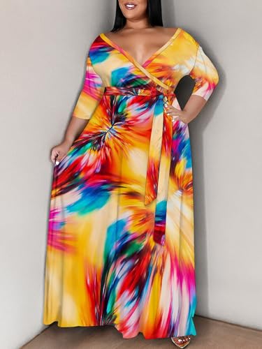 Image of SUZONANA Plus Size Maxi Dresses for Curcy Women Casual Loose 3 /4 Sleeve Long Dress with Belt