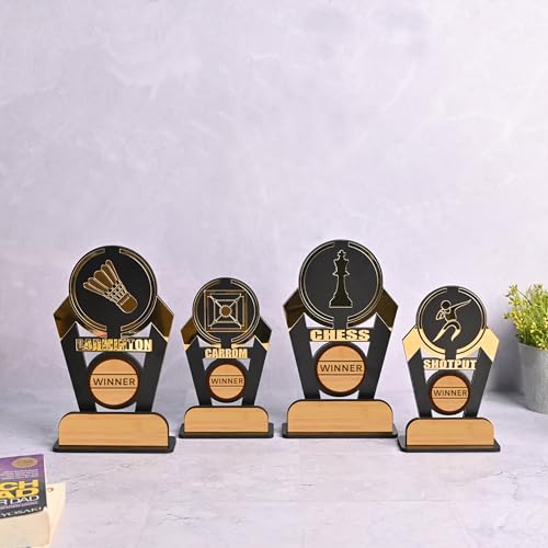 Image of GKD Wooden & Acrylic Sports Winner Trophy - Badminton, Shot Put, Carom, Chess - 8 x 4 Inches, Ideal for Awards & Celebrations (Pack of 4)