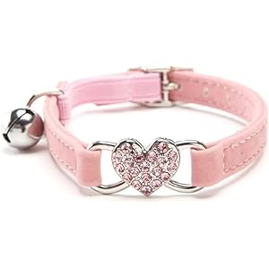 Pink Heart Bling Cat Collar with Safety Belt and Bell Adjustable 8-10 inches for Kitten Cats，Collars, Harnesses