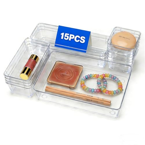 OjpZorynic 15PCS Clear Drawer Organizer Set, 4 Sizes Desk Drawer Divider Organizers Storage Bins for Bathroom,Kitchen,Office,Vanity Organizers Tray for Jewelry, Makeup, Junk, Gadgets