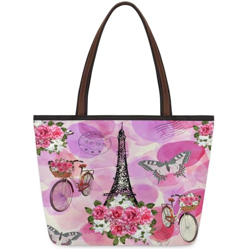 Watercolor Tower Butterfly Bikes Flower Tote Bag Multi Pocket Zippered Beach Bag Lightweight Waterproof Handbag for Women Men Work Gym Travel Swimming Yoga Grocery Shopping M