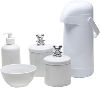 Potes, Garrafa, Molhadeira e Porta Álcool-Gel Ursinho Prata, Potinho de Mel, Prata