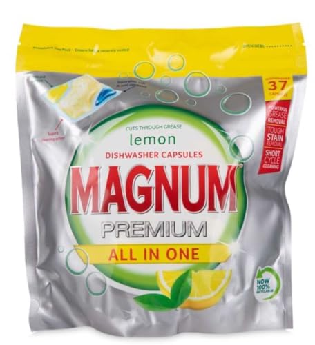 Magnum Premium All-in-One Dishwasher Tablets – Lemon Triple Chamber Dishwasher Capsules, Original Formula, Powerful Grease & Tough Stain Removal, Short Cycle Cleaning, Resealable Pack (37 Tablets)