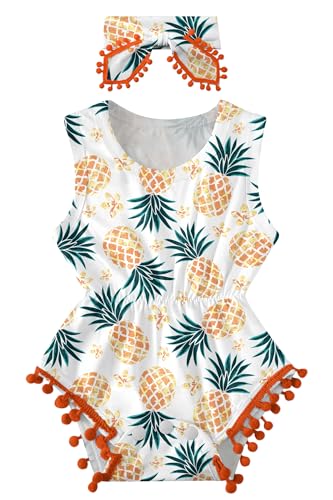 Image of Newborn Girls Cartoon Pineapple Jumpsuits 3D Printed Rompers for Babys Summer Sleeveless Pom Pom Lace One Piece Playsuits with Headband Boys Casual Party Wear Outfits, 0-3 Months