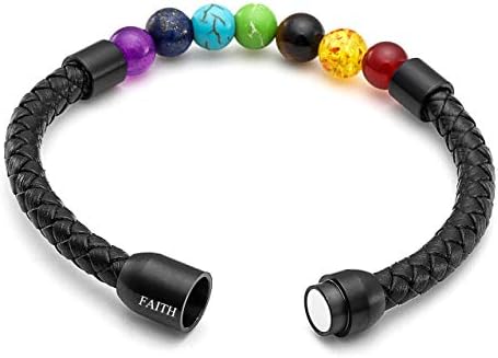 JOVIVI Peronalised Engraved Leather Cuff Id Bracelet with Magnetic Clasp Men Women 7 Chakra Beads Natural Gemstone Healing Crystal Reiki Stone Braided Leather Bracelet