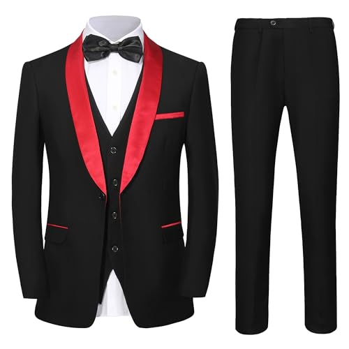 Beauty-Emily Men 3 Piece Slim Fit Suit Set One Button Solid Jacket Vest Pants Black Red XL