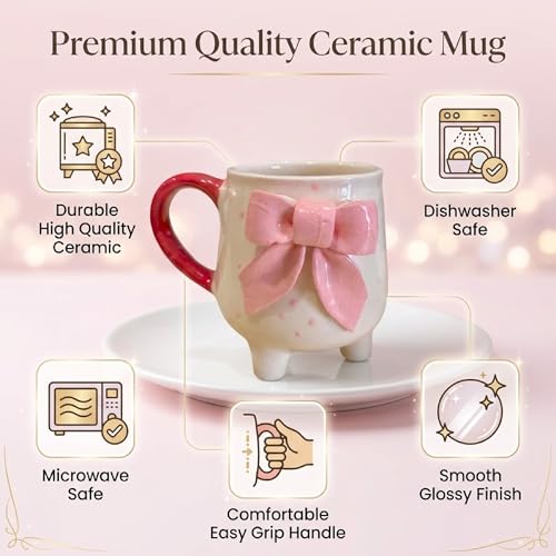 Image of Pink Bow Ceramic Mug with Legs | Cute Aesthetic Coffee Cup for Girls | Unique Designer Tea Mug | Microwave & Dishwasher Safe | Gift for Birthday, Friends & Special Occasions