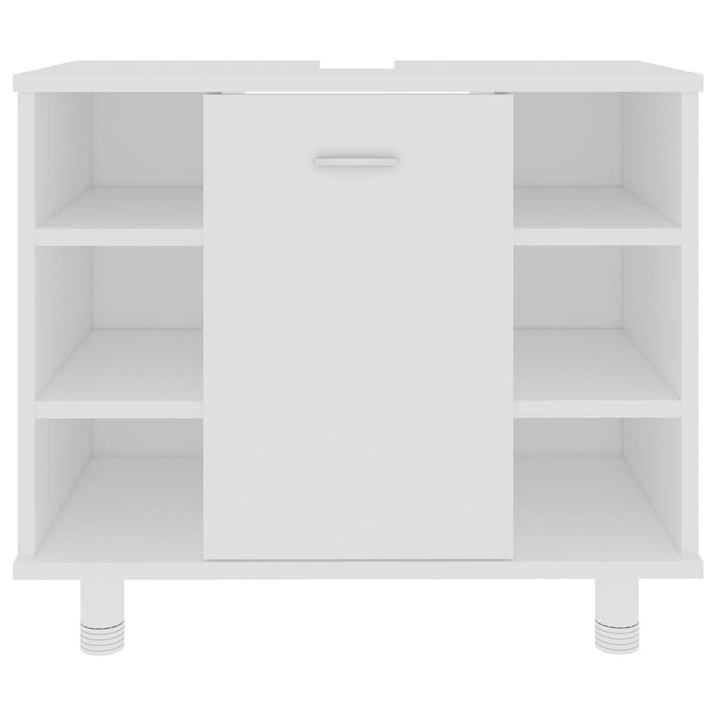 Armadietto da bagno bianco in legno 60 x 32 x 53,5 cm con 7 scomparti e porta, salvaspazio per set di mobili da bagno, per riporre e riporre oggetti nel WC degli ospiti o lavanderia
