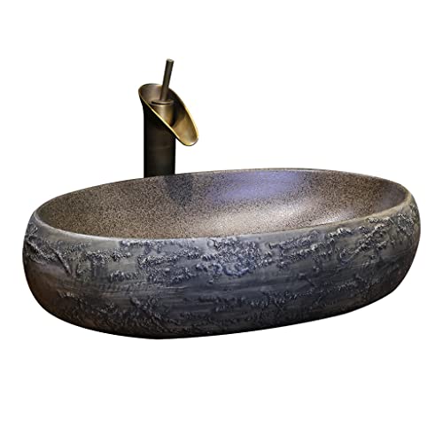 FEELIN Lavabo sobre Encimera Lavabo de tocador de baño Lavabo de cerámica Ovalado Lavabo de encimera de Arte Lavabo de tocador de hogar con Grifo Baño Pila de Lavar