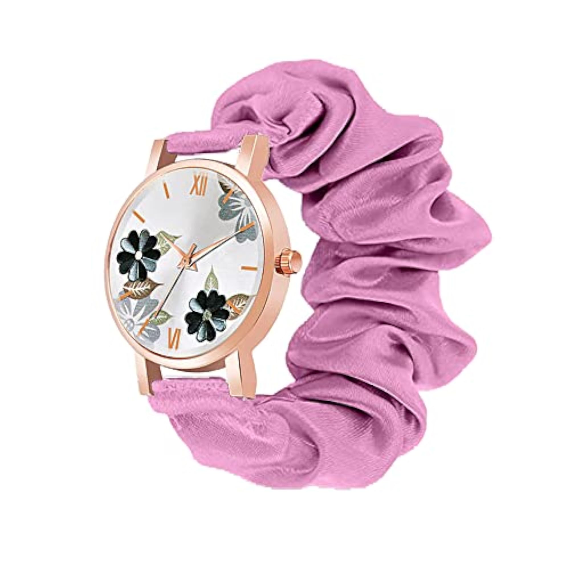 Women's Floral Pattern Dial Scrunchie Watch, Rose Gold Case