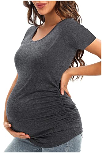 JMITHA T-shirt Grossesse à Manches Courtes Haut de Maternité pour Femmes Vêtements de Grossesse, Vêtements de Maternité Tops avec Ses Fronces Sur les Côtés Cover