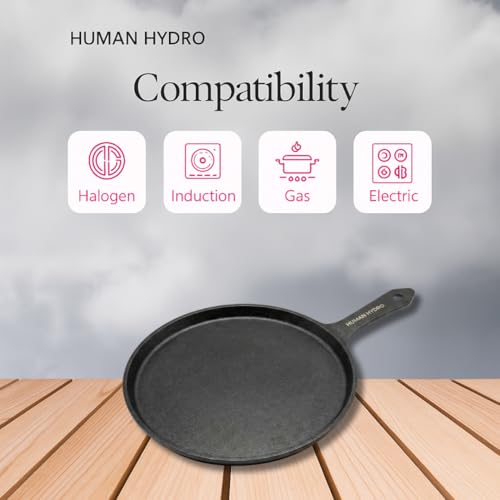 Image of Human Hydro Cast Iron Tawa 25cm (Single Handle) with Heat-Resistant Silicone Grip | Heavy-Duty, Even-Heat | Naturally Non-Stick When Seasoned | Gas & Induction Compatible