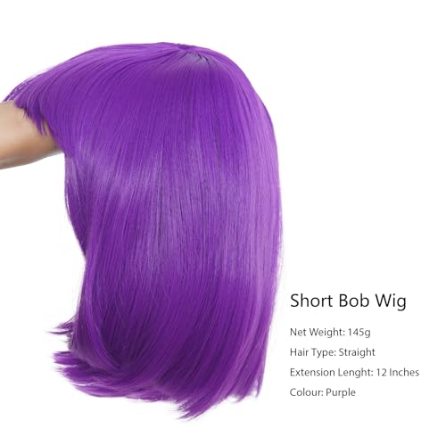 Image of Rose bud Purple Wig Bob Straight 12 Inch Short Hair Cosplay Wigs for Women Costume Party Halloween