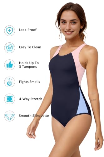 Image of Beautikini Period Swimwear One Piece Leakproof Menstrual Swimsuit Racerback Color Block Bathing Suit for Teen Girls Women