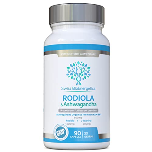 Rhodiola & Ashwagandha con L-theanine - KSM-66 600mg & 1500mg Rhodiola (3% Rosavins - 1% Salidrosides) Equivalente di root intero- Adaptogen Combo