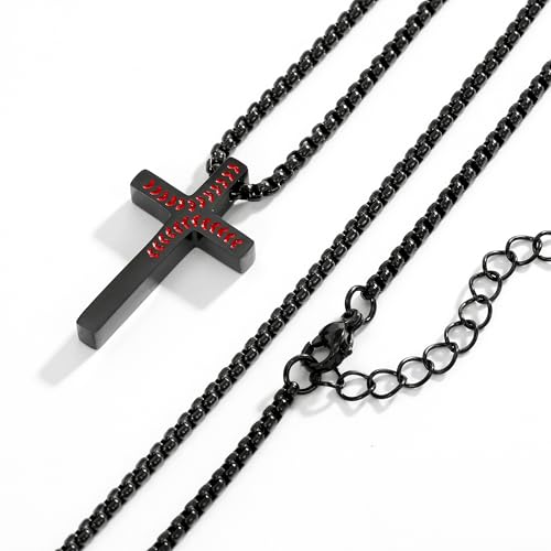 LSKFW Baseball Necklace for Men Confirmation Bible Verse Baseball Stainless Steel Cross Pendant Necklaces 18+2 Inches (1:9 black)