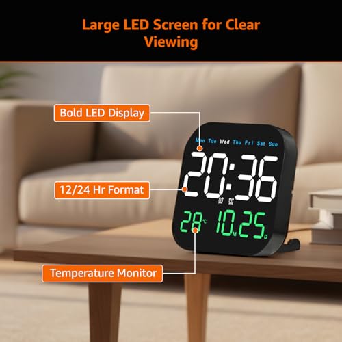 Image of Amazon Basics LED Digital Clock with Remote, 12 /24 Hr Format,Black Color, ABS, Dual Alarm, Auto Dimming Display, Temperature Display, USB Powered with 2M Cable, Wall /Table Use (Size: 185 x 28 x 185 mm)