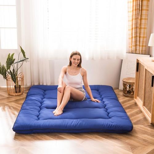 MAXYOYO Japanese Floor Mattress Futon Mattress, Thicken Sleeping Pad Foldable Roll Up Floor Futon for Adults Tatami Mat Dormitory Bed Lounger, Royal Blue, Queen Size