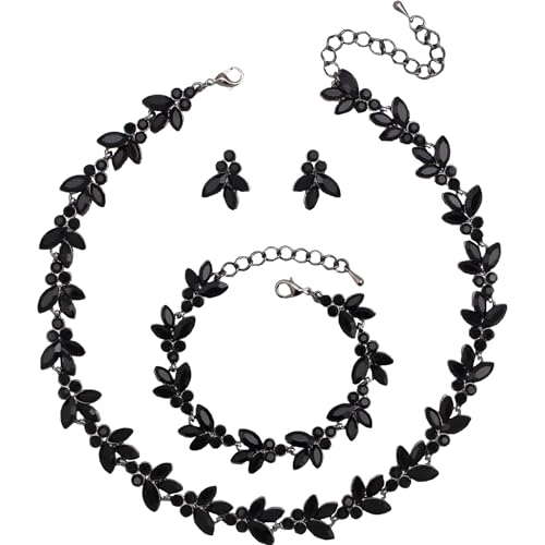 rneyflow Bridal Wedding Crystal Leaf Choker Necklace Dangle Earring Bracelet Brides Bridesmaid Jewelry Set for Women (Black-Jet)
