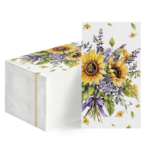 Horaldaily 50 Spring Disposable Paper Decorative Guest Napkins, Sunflower lavender Purple Flower Hand Towel for Party Lunch Dinner Kitchen Bathroom